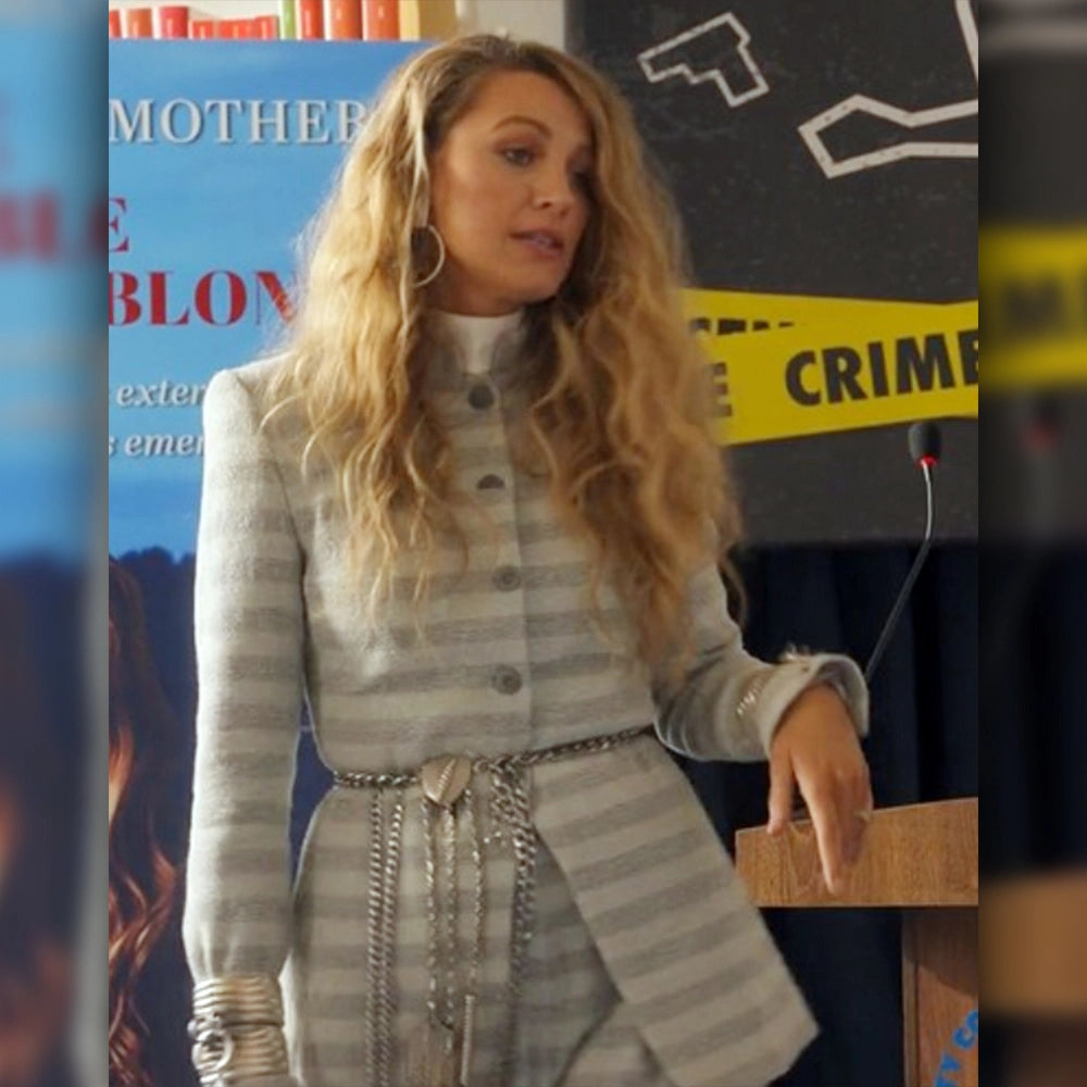 Another Simple Favor Blake Lively Striped Grey Coat