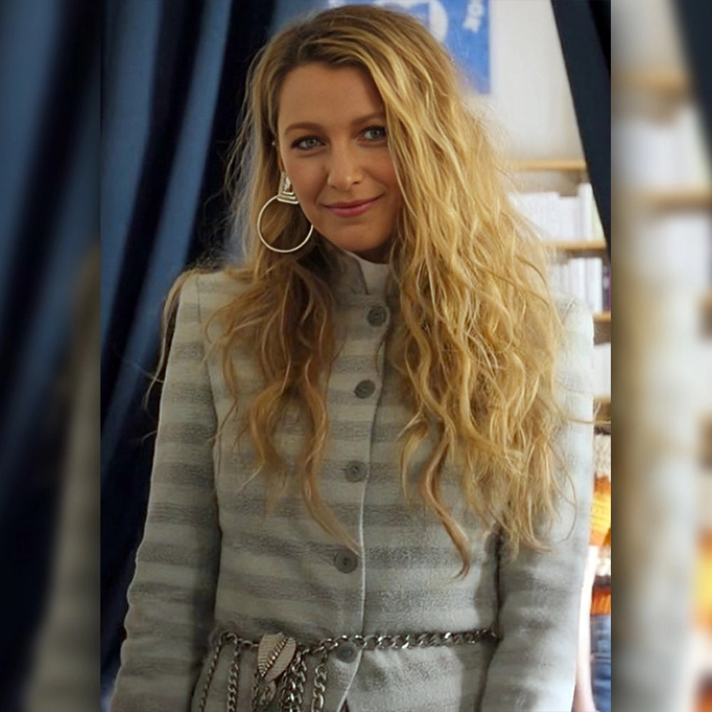 Another Simple Favor Blake Lively Striped Grey Coat