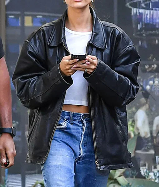 Hailey Bieber Plus Size Leather Black Jacket