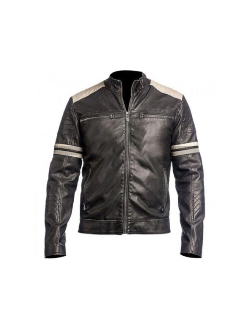Mens Motorcycle White Stripes Black Biker Leather Solid Black Jacket