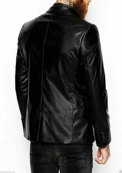 Slim Fit Leather Black Leather Blazer