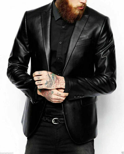 Slim Fit Leather Black Leather Blazer