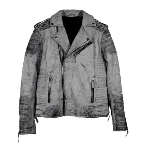 Smoke Quilted Biker Weathered Grey Leather Jacket