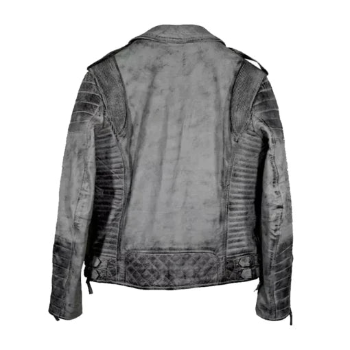 Smoke Quilted Biker Weathered Grey Leather Jacket