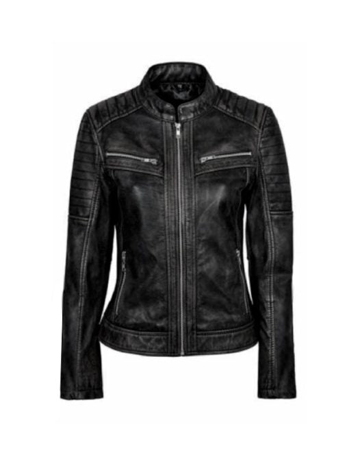 Women’s Vintage Biker Distressed Black Real Leather Jacket